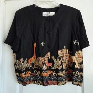 Halmode Petites Vntg Black Safari Animal Print Button Short Sleeve Blouse Sz 16P